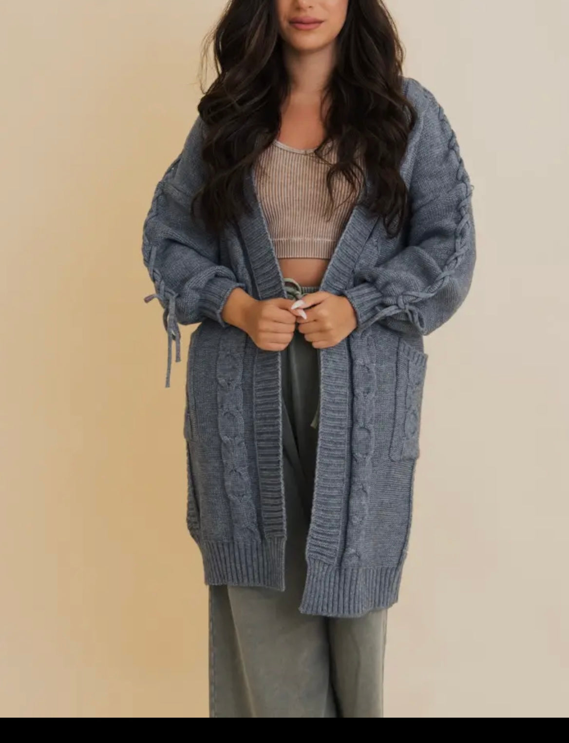 Cozy Cable Knit Oversized Cardigan with Sleeve Ties