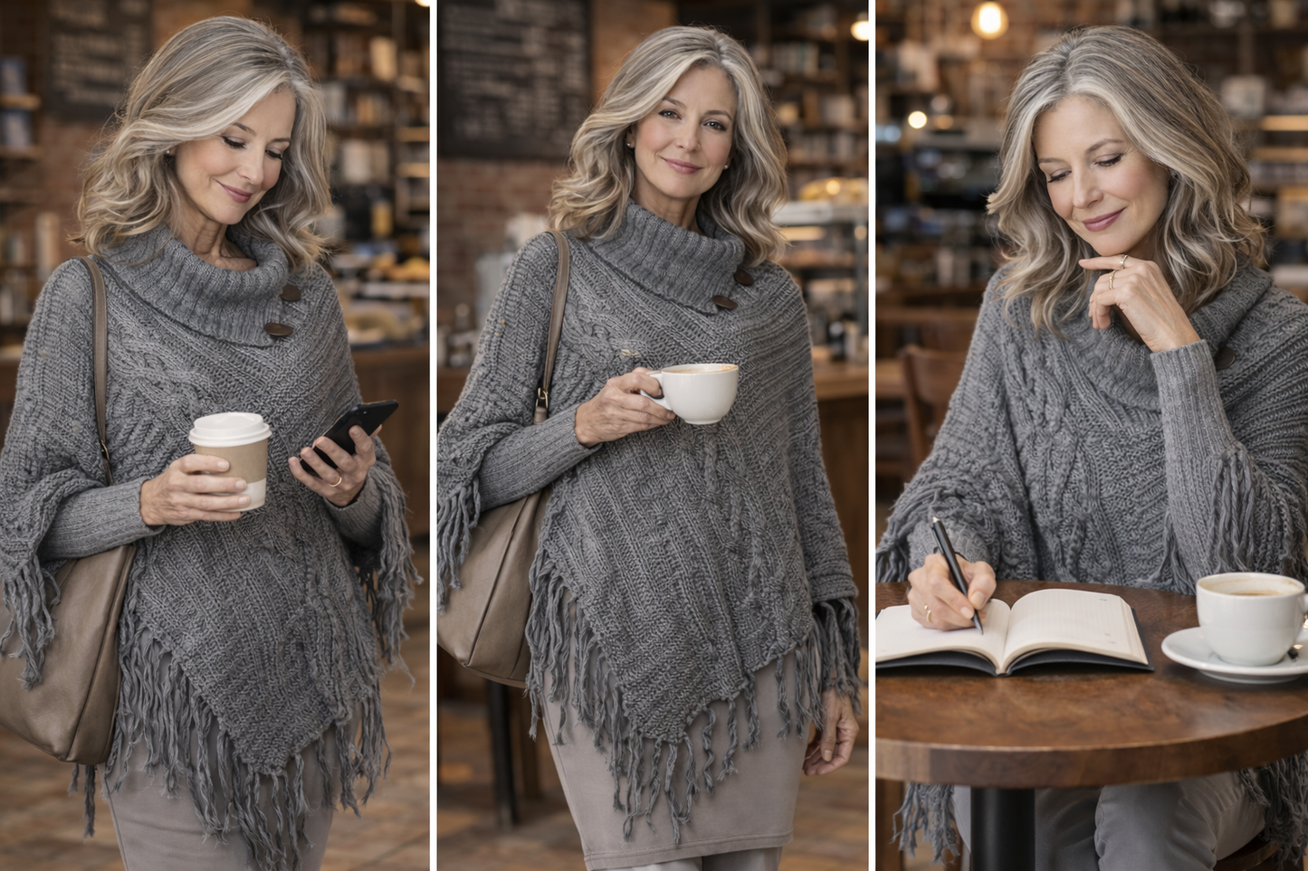 Gray Turtleneck Cable Knit Poncho