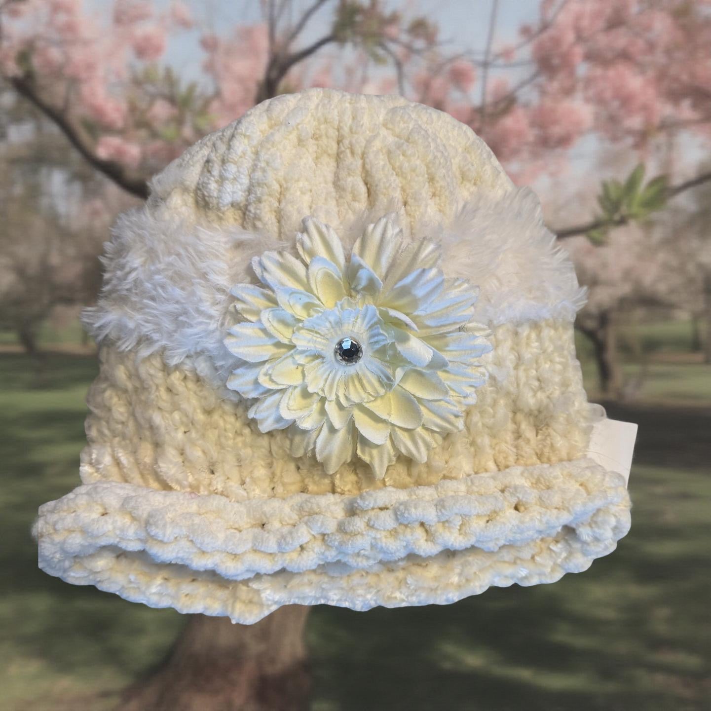 Off White Flower Power Hand-Knitted Hat