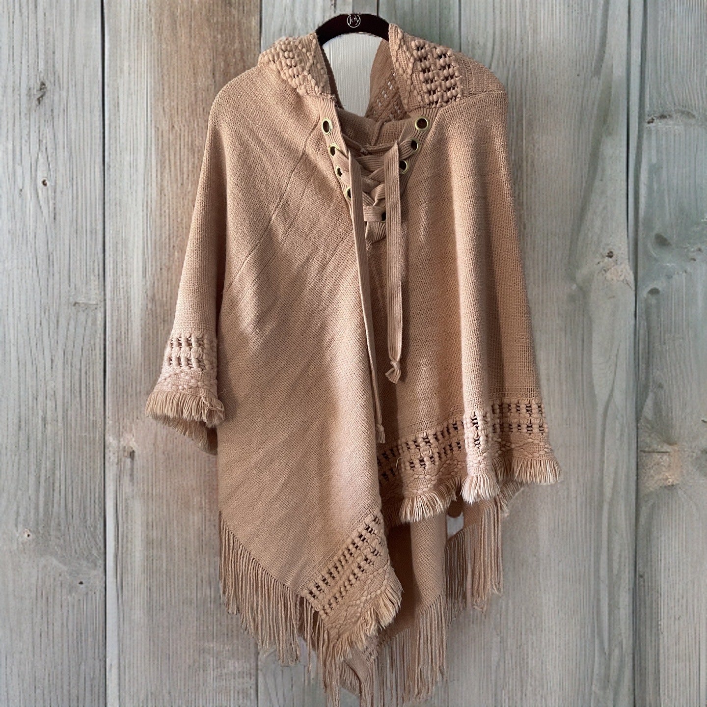 Lace Up Knit Poncho with Hood