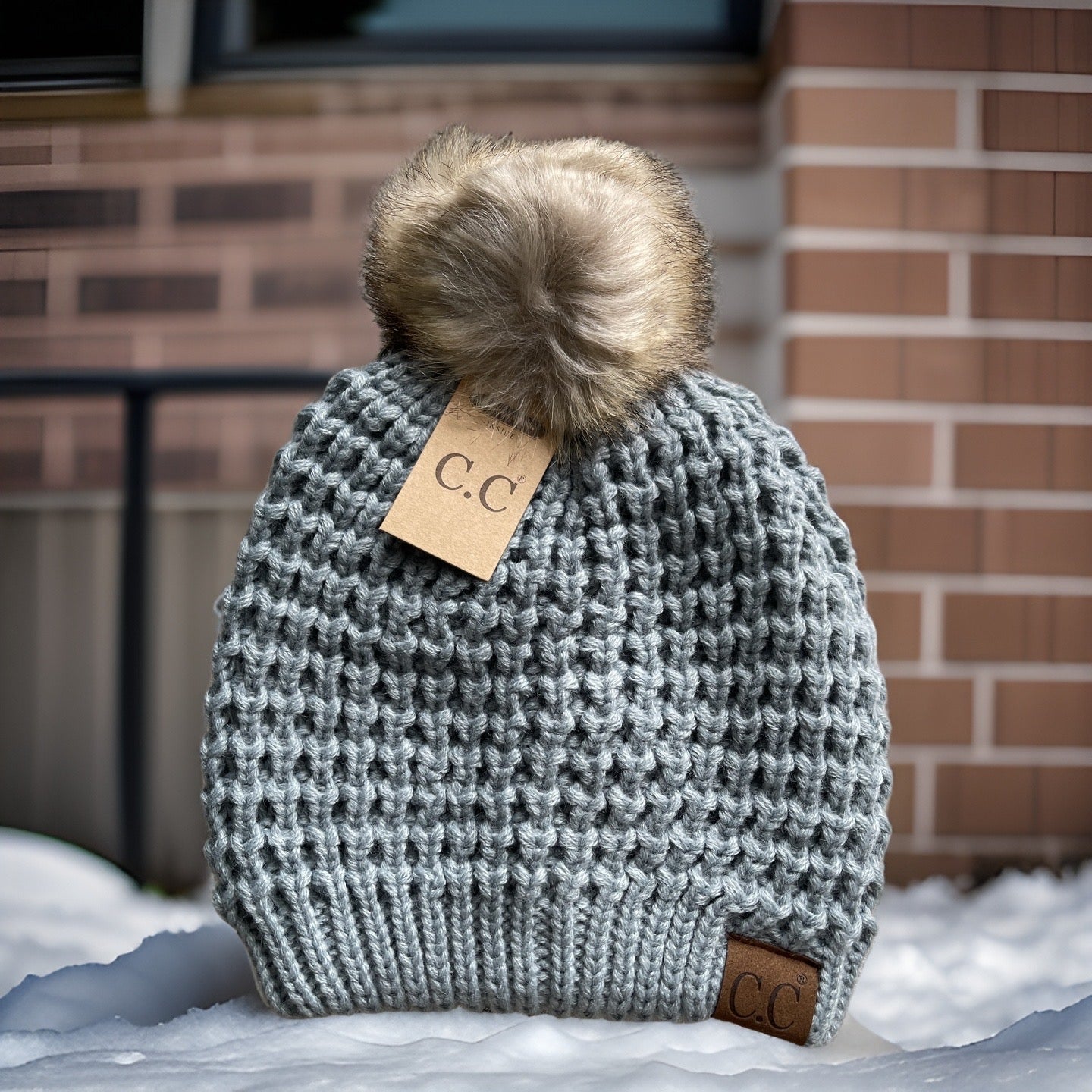 Waffle Knit Sherpa Lined CC Beanie