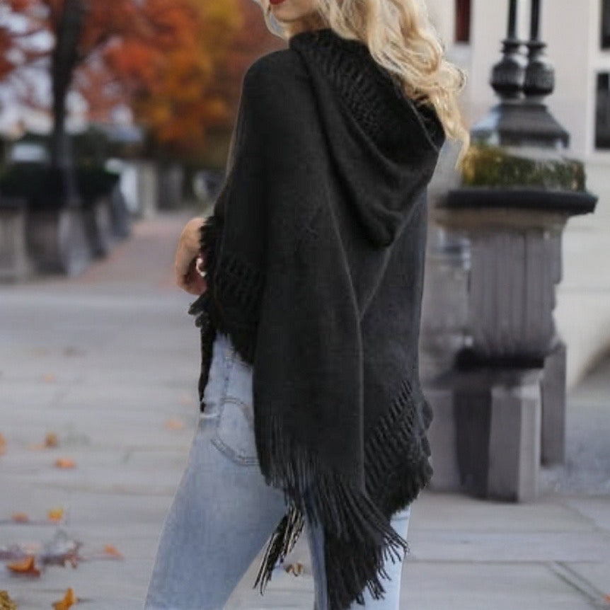 Lace Up Knit Poncho with Hood