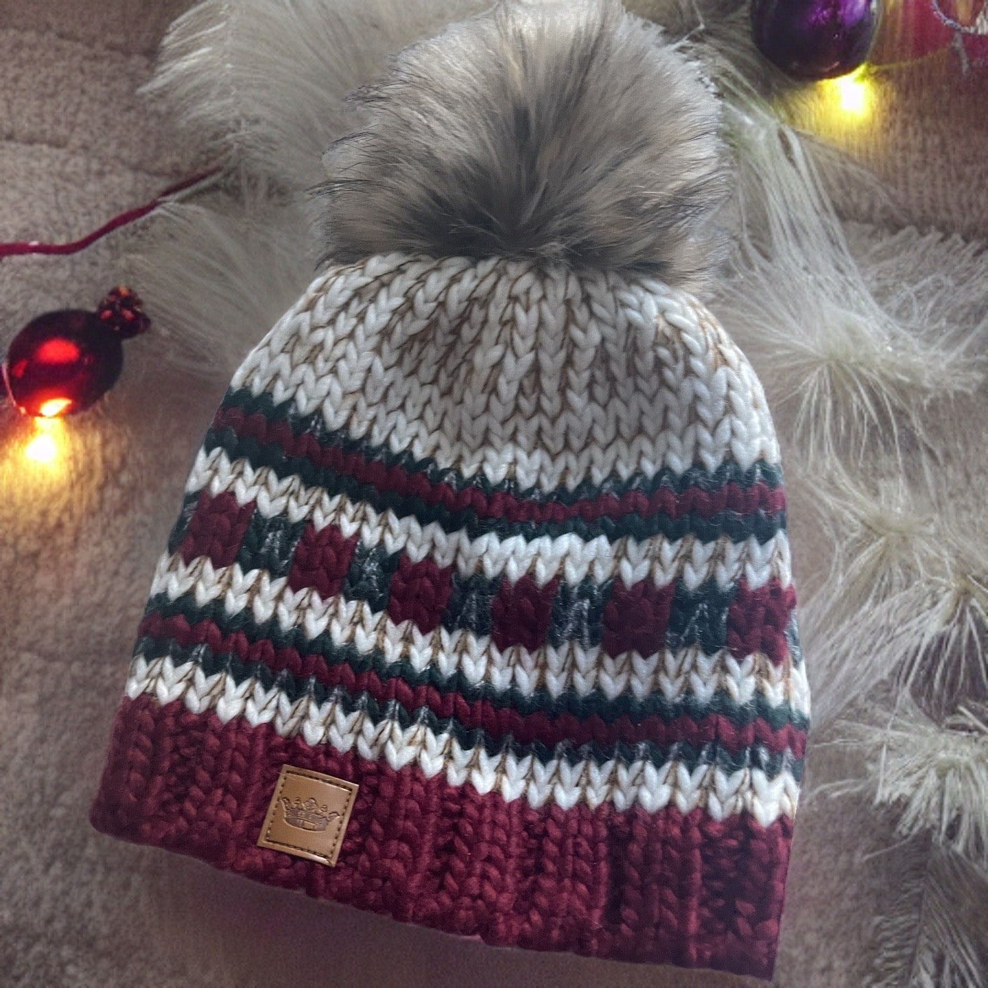 Red and Green Striped Pom Hat