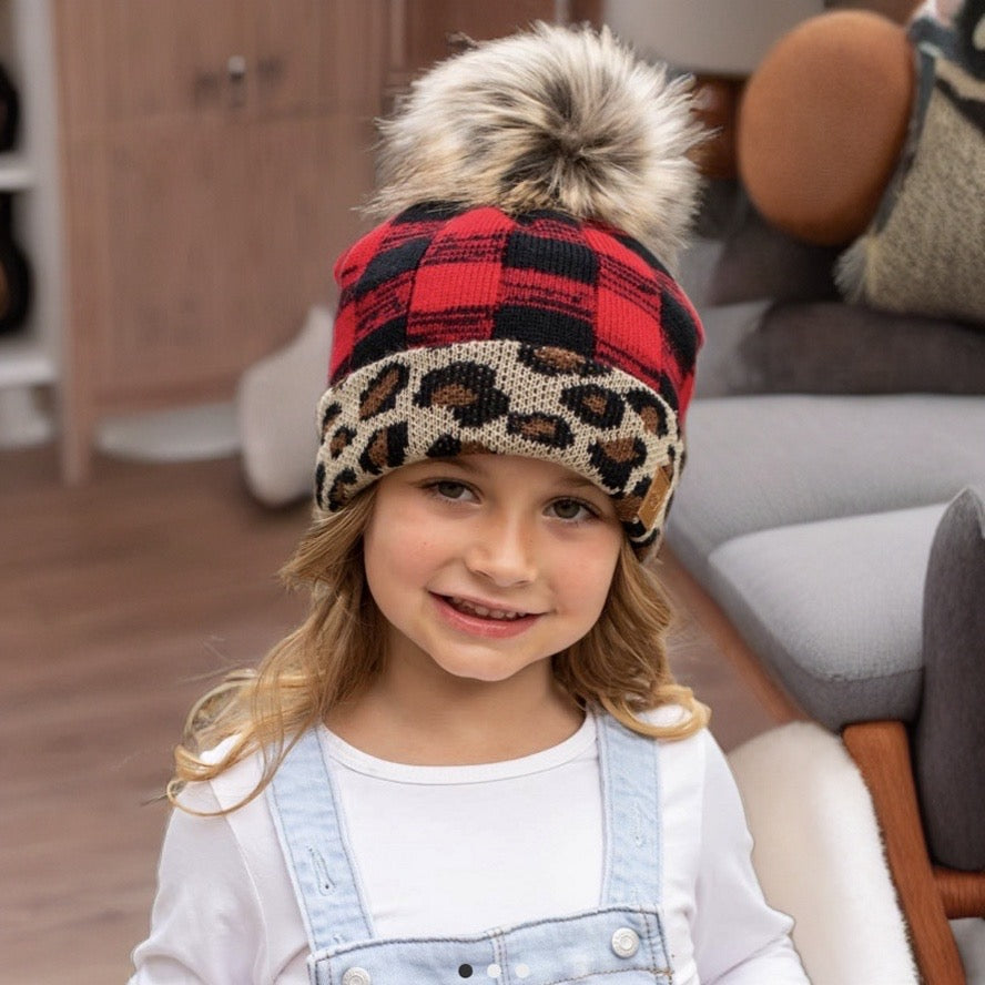 Kids Red Buffalo Plaid Pom Hat with Leopard accents