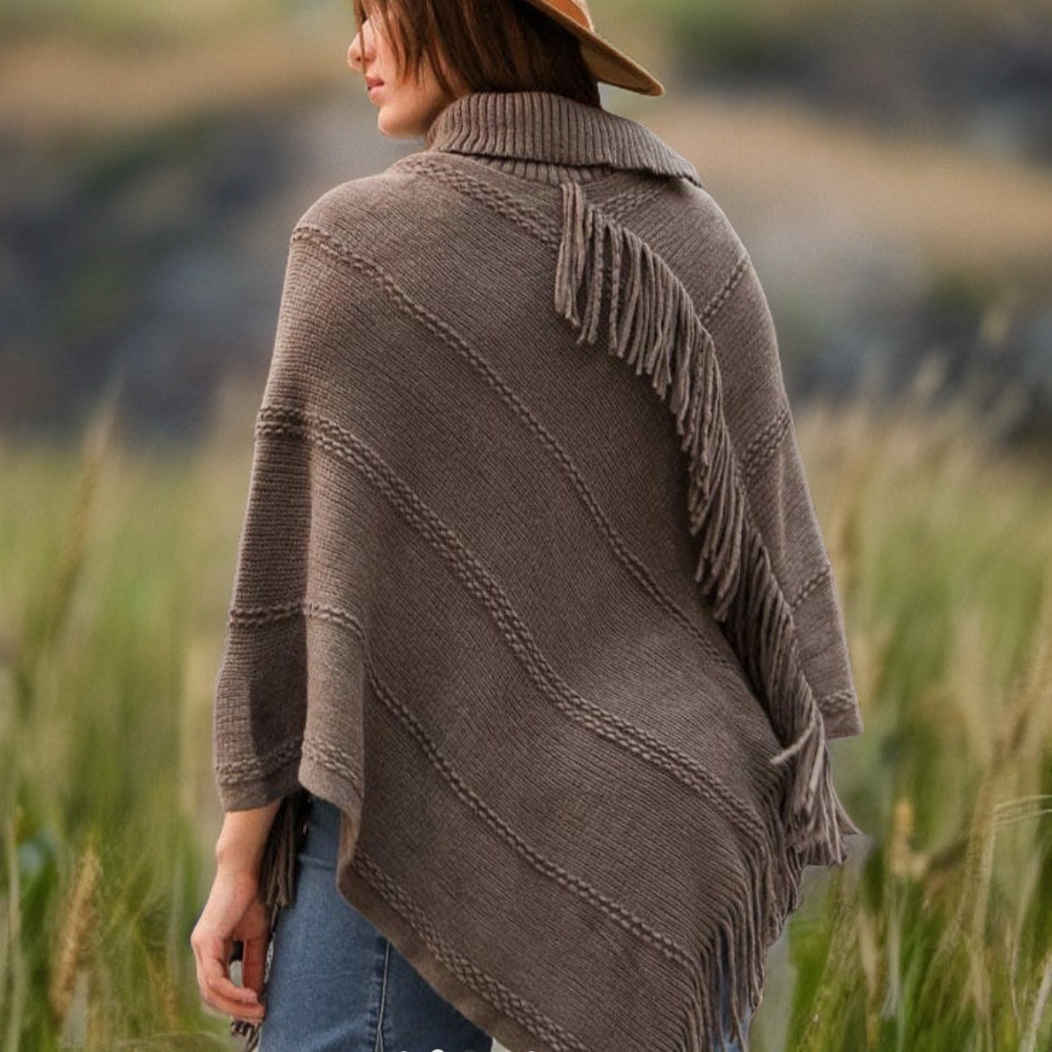 Button Neck Fringe Poncho