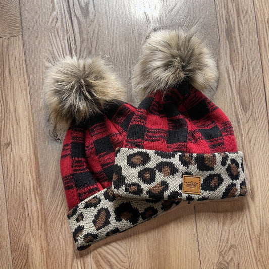 Mommy and Me set of Buffalo Plaid with pom and Leopard Trim Hats