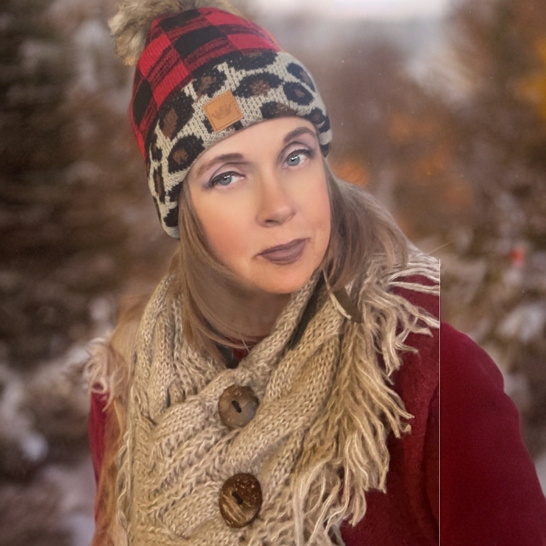 Red Buffalo Plaid Pom Hat with Leopard Trim