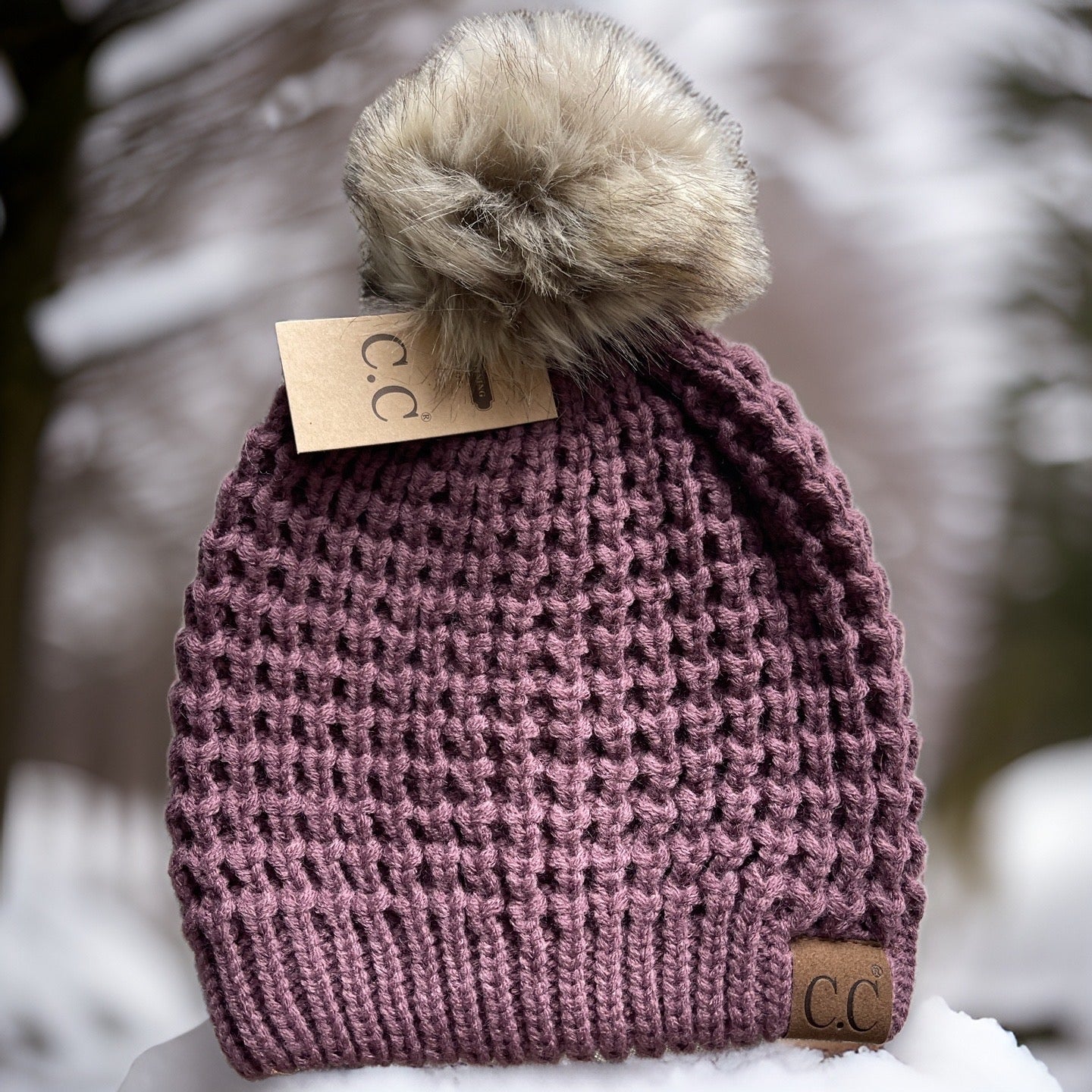 Waffle Knit Sherpa Lined CC Beanie