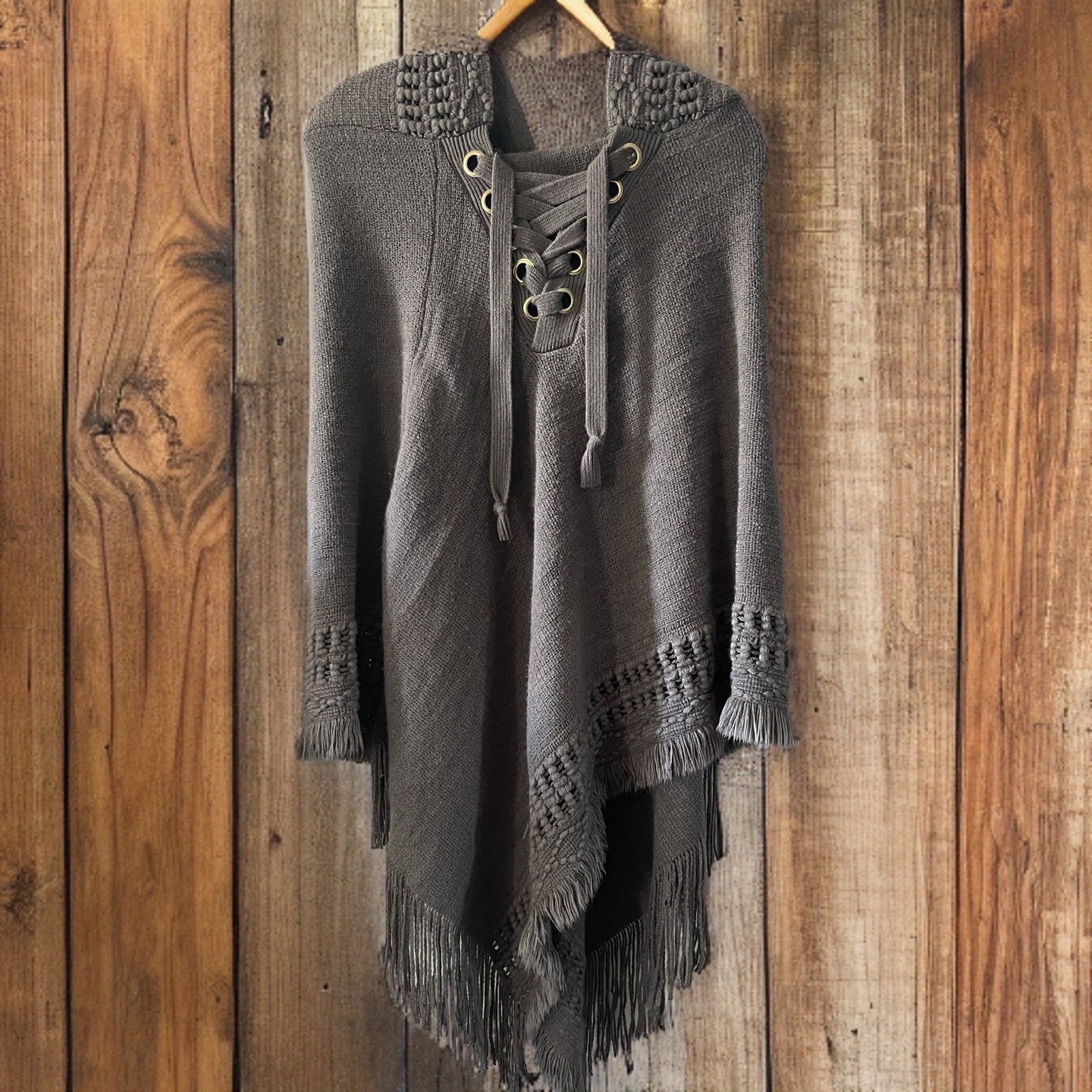 Lace Up Knit Poncho with Hood