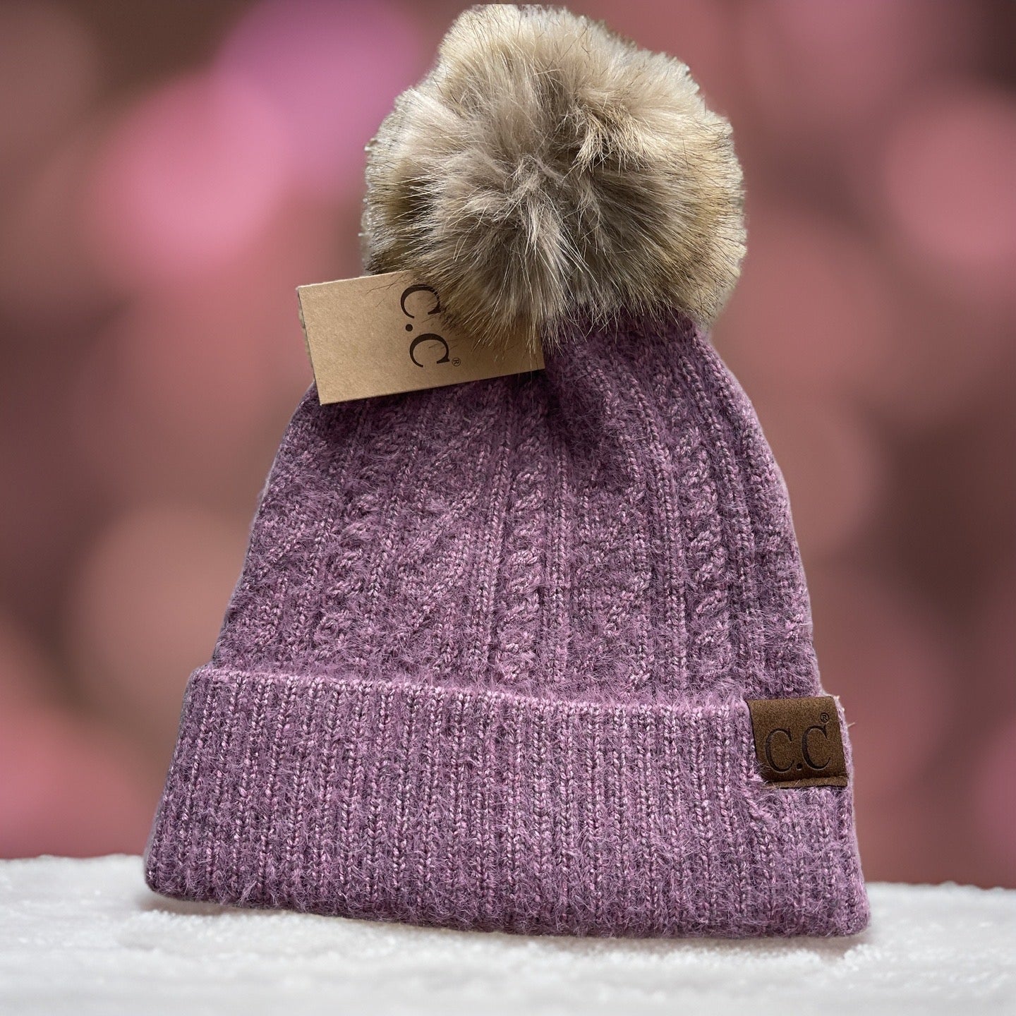 Soft Cuff Cable Knit CC Beanie with Fur Pom