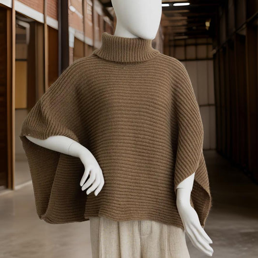 Mocha Ribbed Turtleneck Poncho with Armholes