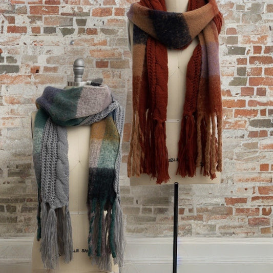 Cozy Knit Dual Textured Scarf with Tassels