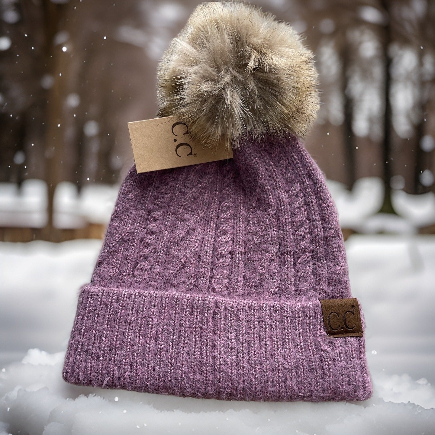 Soft Cuff Cable Knit CC Beanie with Fur Pom