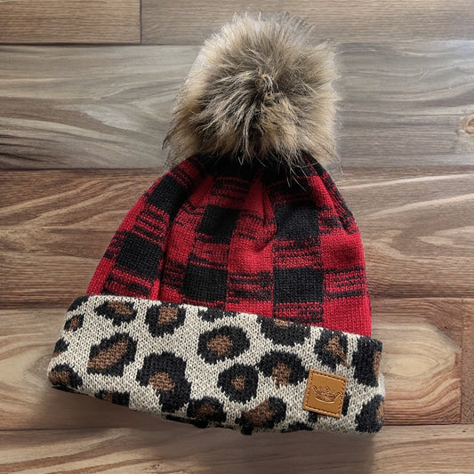 Red Buffalo Plaid Pom Hat with Leopard Trim