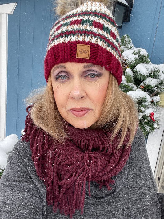 Red and Green Striped Pom Hat