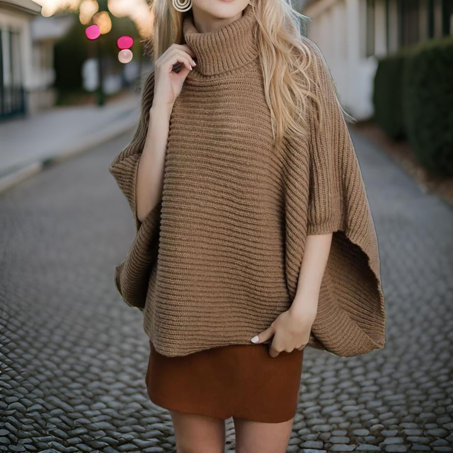 Mocha Ribbed Turtleneck Poncho with Armholes