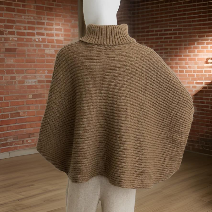 Mocha Ribbed Turtleneck Poncho with Armholes