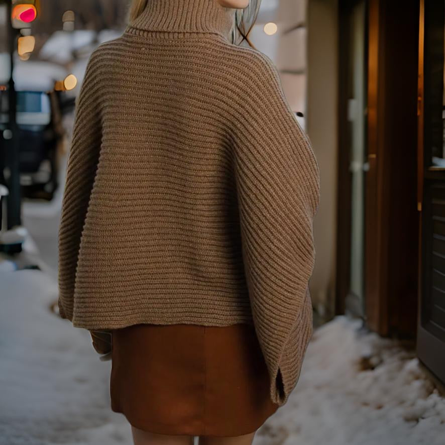 Mocha Ribbed Turtleneck Poncho with Armholes