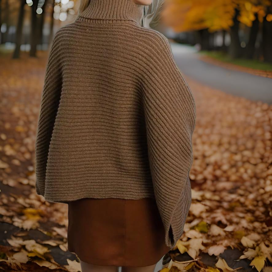 Mocha Ribbed Turtleneck Poncho with Armholes