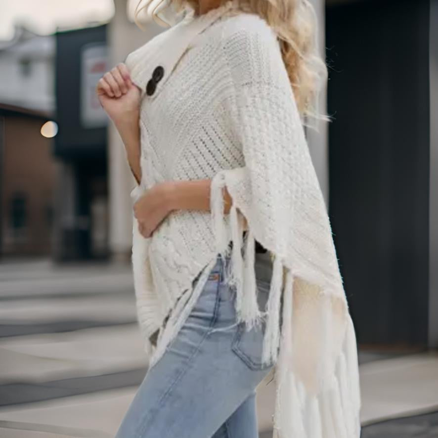 Ivory Turtleneck Cable Knit Poncho