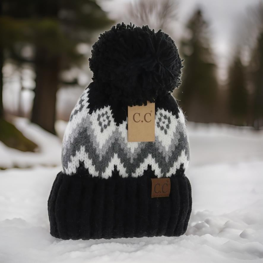 Aztec Chevron Knit CC Beanie with Pom