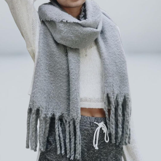 Light Gray Blanket Scarf with Fringe