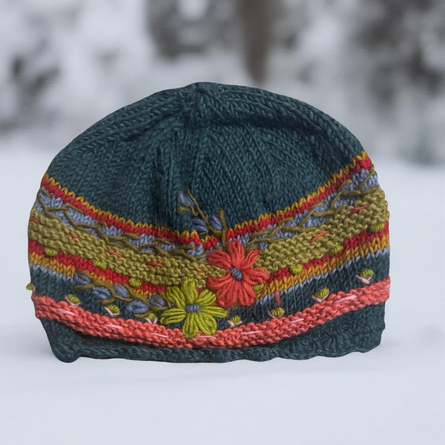 Embroidered Flower Hat - Wool