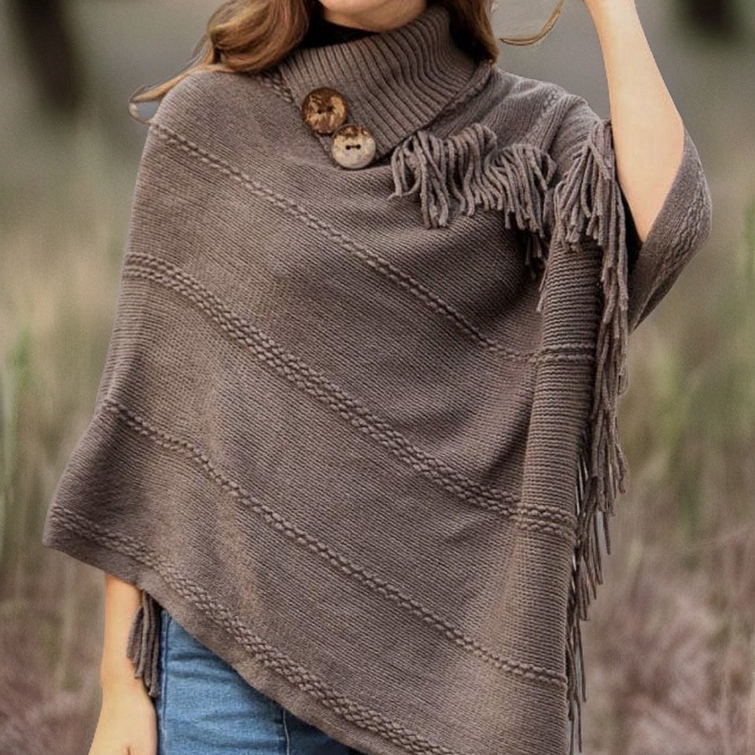 Button Neck Fringe Poncho